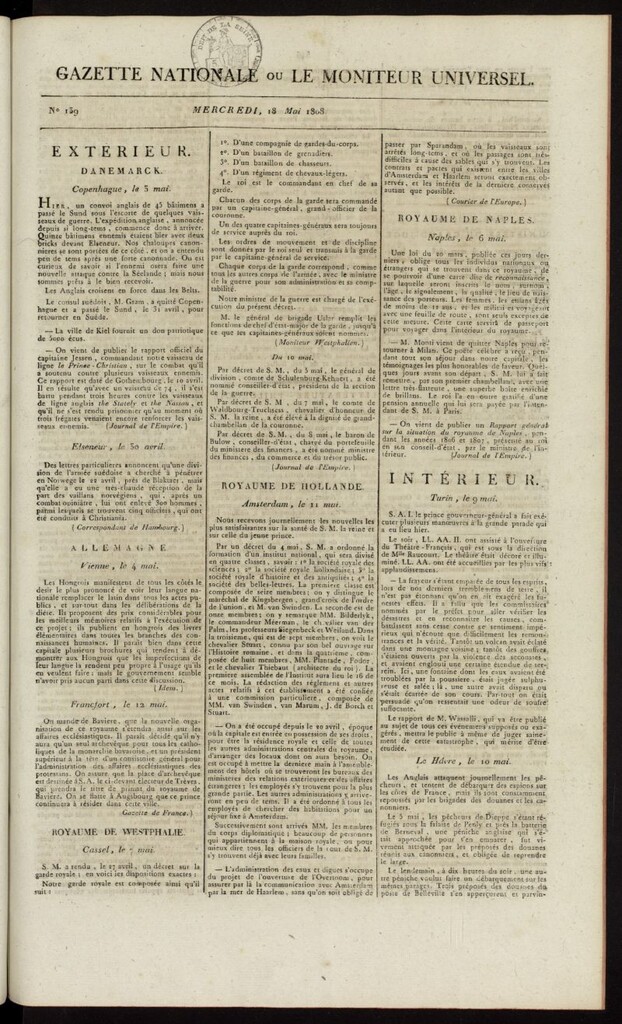 Miniatura de Gazette Nationale ou le Moniteur Universel del 18 de mayo de 1808, nº 139