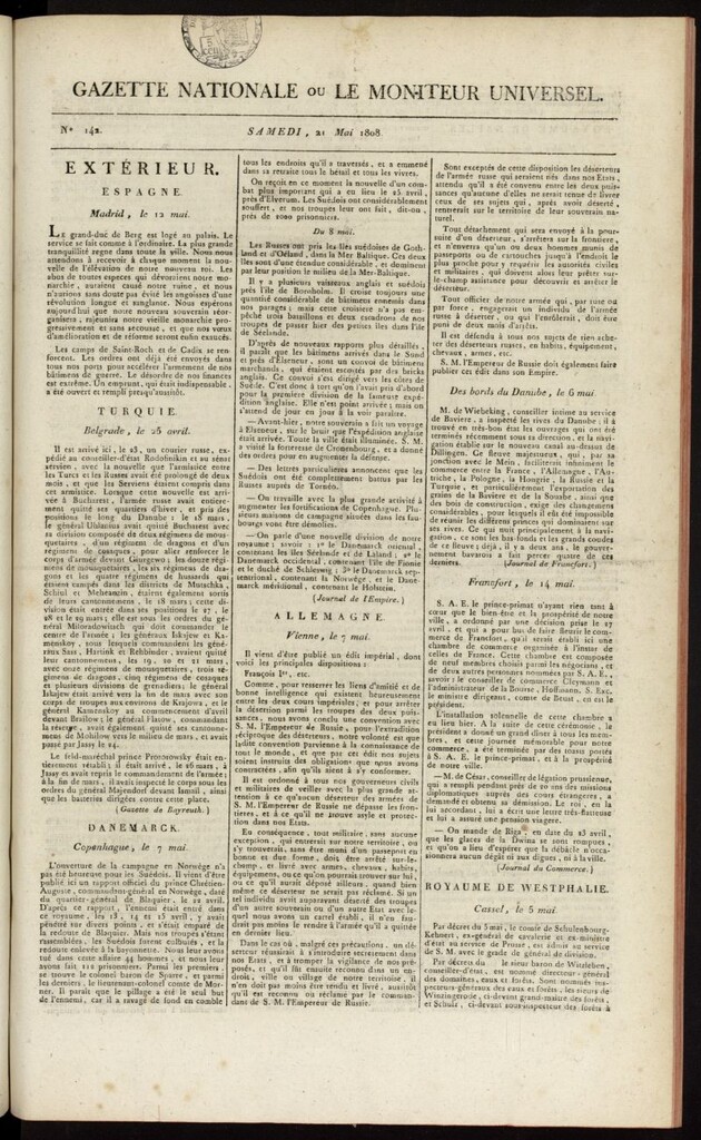 Miniatura de Gazette Nationale ou le Moniteur Universel del 21 de mayo de 1808, nº 142