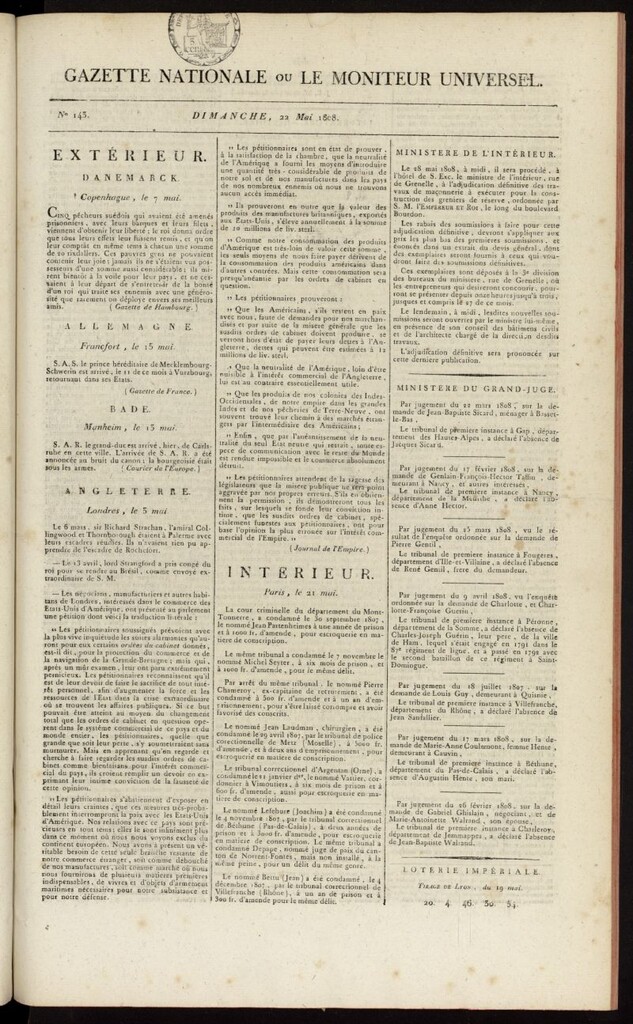 Miniatura de Gazette Nationale ou le Moniteur Universel del 22 de mayo de 1808, nº 143