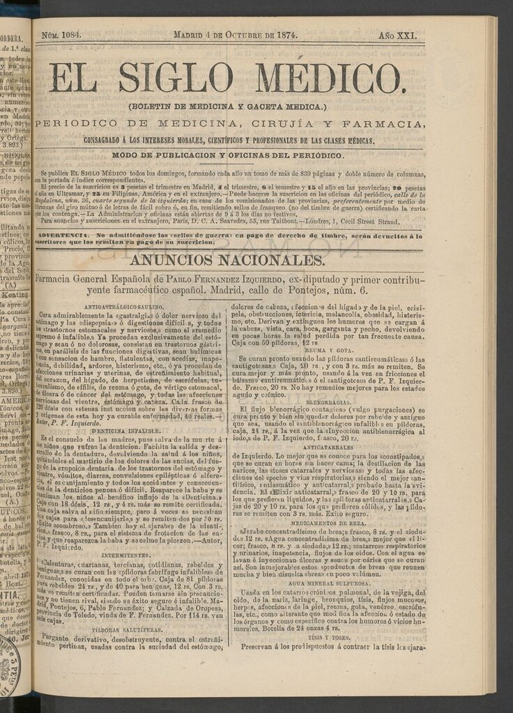 Miniatura de El Siglo Médico: boletín de medicina y gaceta médica del 4 de octubre de 1874