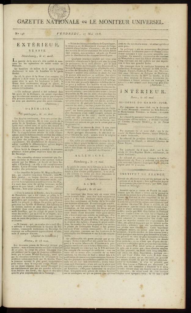 Miniatura de Gazette Nationale ou le Moniteur Universel del 27 de mayo de 1808, nº 148