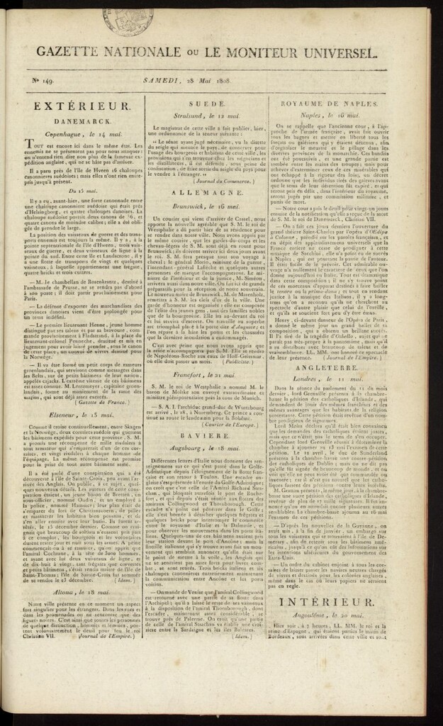 Miniatura de Gazette Nationale ou le Moniteur Universel del 28 de mayo de 1808, nº 149