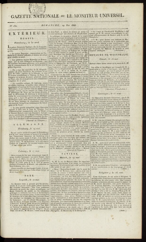 Miniatura de Gazette Nationale ou le Moniteur Universel del 29 de mayo de 1808, nº 150