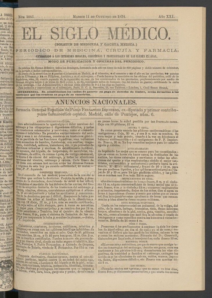 Miniatura de El Siglo Médico: boletín de medicina y gaceta médica del 11 de octubre de 1874