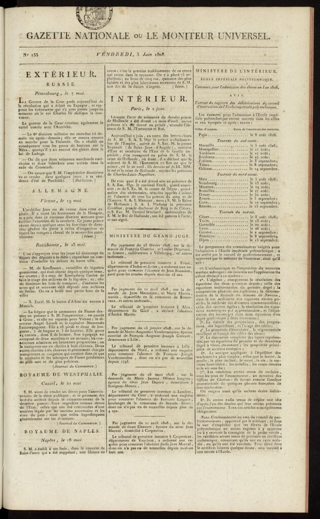 Miniatura de Gazette Nationale ou le Moniteur Universel del 3 de junio de 1808, nº 155