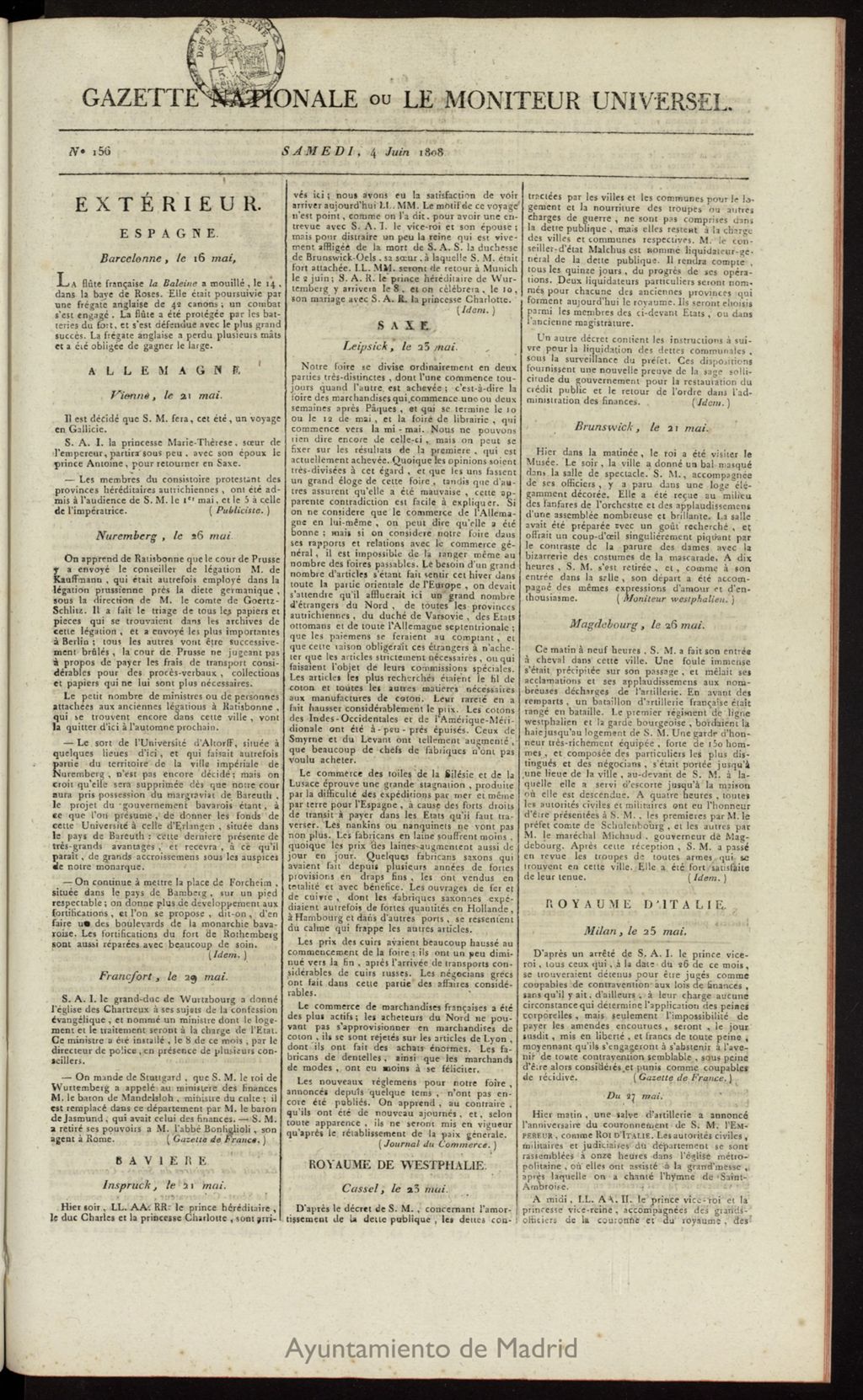 Miniatura de Gazette Nationale ou le Moniteur Universel del 4 de junio de 1808, nº 156