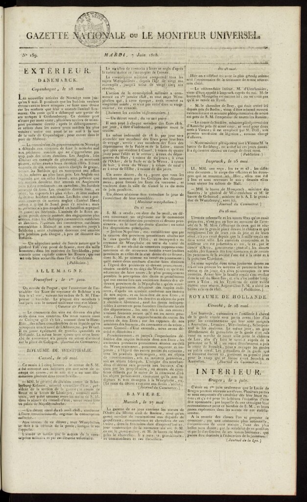 Miniatura de Gazette Nationale ou le Moniteur Universel del 7 de junio de 1808, nº 159