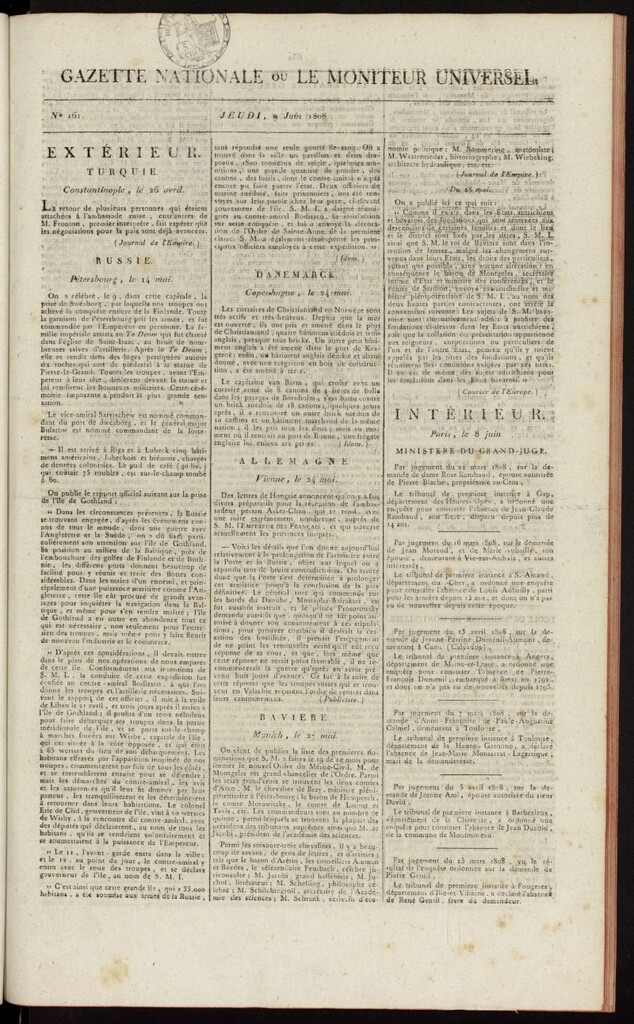 Miniatura de Gazette Nationale ou le Moniteur Universel del 9 de junio de 1808, nº 161
