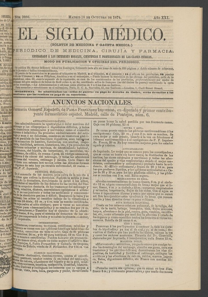Miniatura de El Siglo Médico: boletín de medicina y gaceta médica del 18 de octubre de 1874