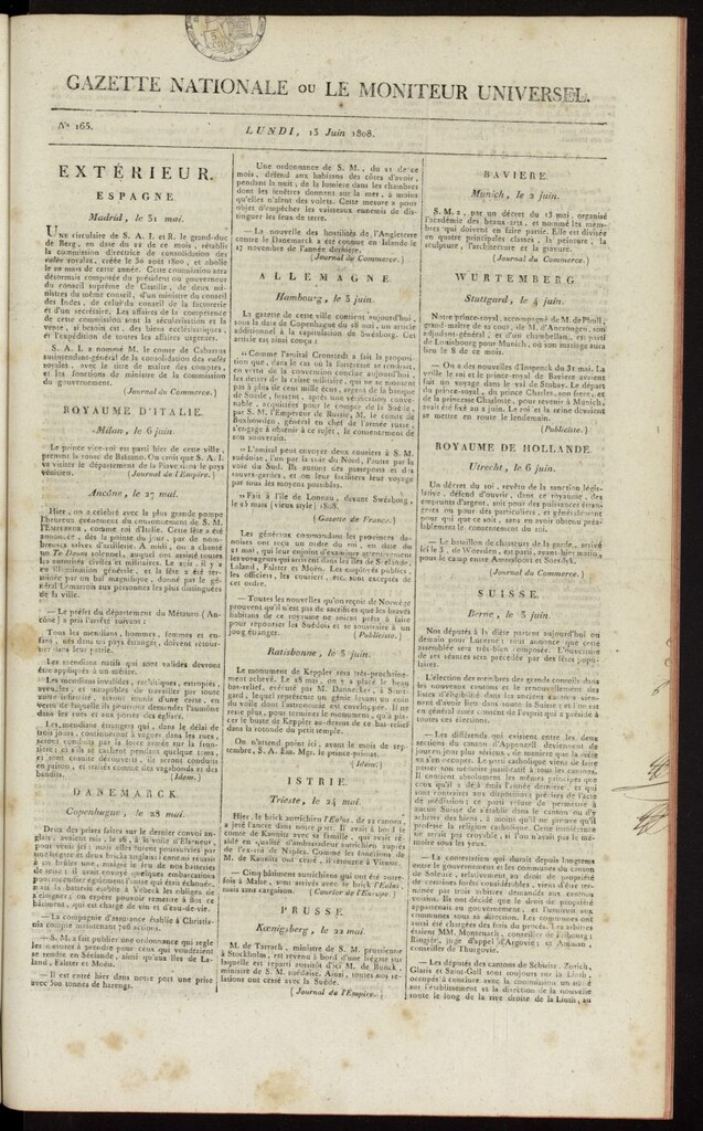 Miniatura de Gazette Nationale ou le Moniteur Universel del 13 de junio de 1808, nº 165