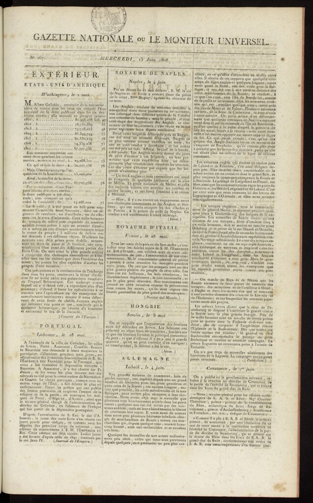 Miniatura de Gazette Nationale ou le Moniteur Universel del 15 de junio de 1808, nº 167