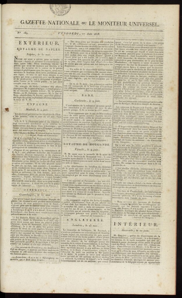 Miniatura de Gazette Nationale ou le Moniteur Universel del 17 de junio de 1808, nº 169