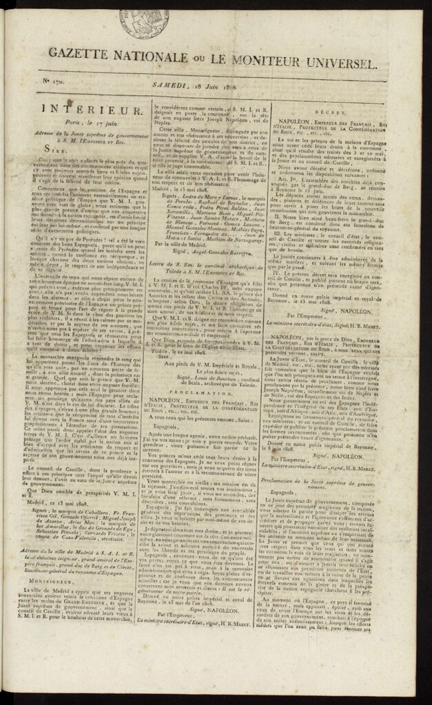 Miniatura de Gazette Nationale ou le Moniteur Universel del 18 de junio de 1808, nº 170