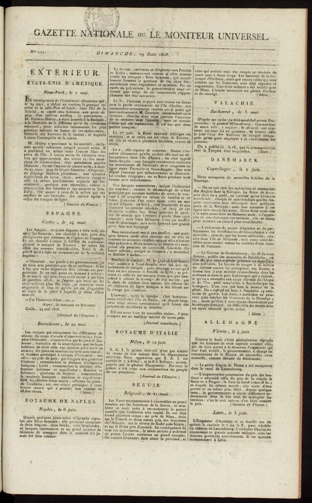 Miniatura de Gazette Nationale ou le Moniteur Universel del 19 de junio de 1808, nº 171