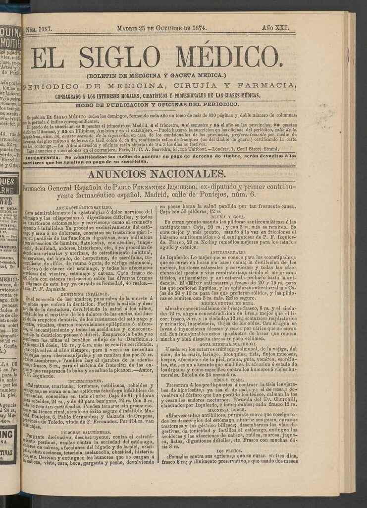 Miniatura de El Siglo Médico: boletín de medicina y gaceta médica del 25 de octubre de 1874