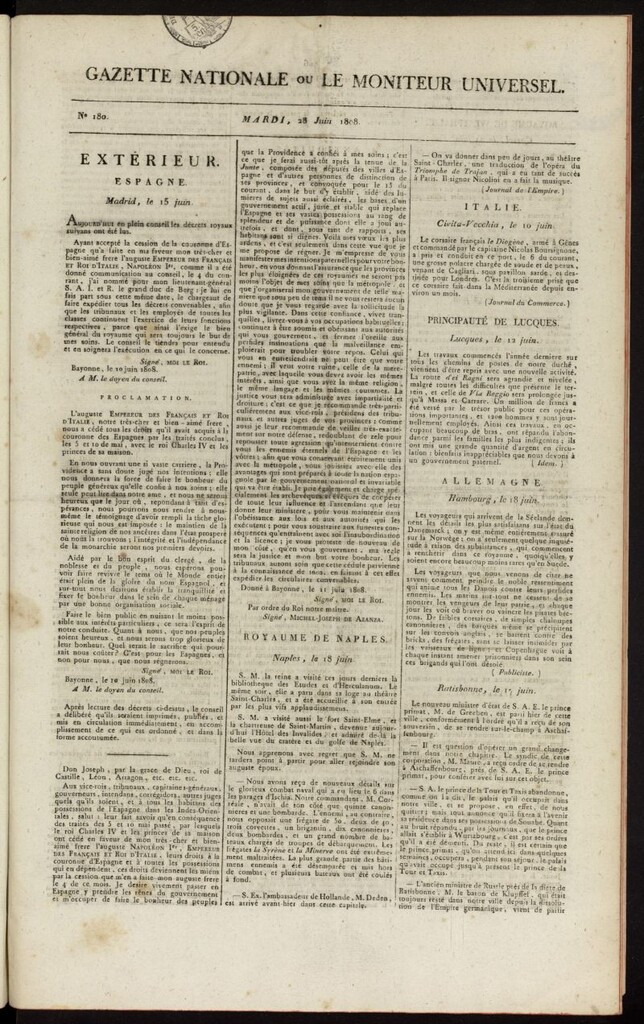 Miniatura de Gazette Nationale ou le Moniteur Universel del 28 de junio de 1808, nº 180