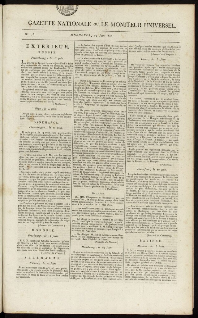 Miniatura de Gazette Nationale ou le Moniteur Universel del 29 de junio de 1808, nº 181