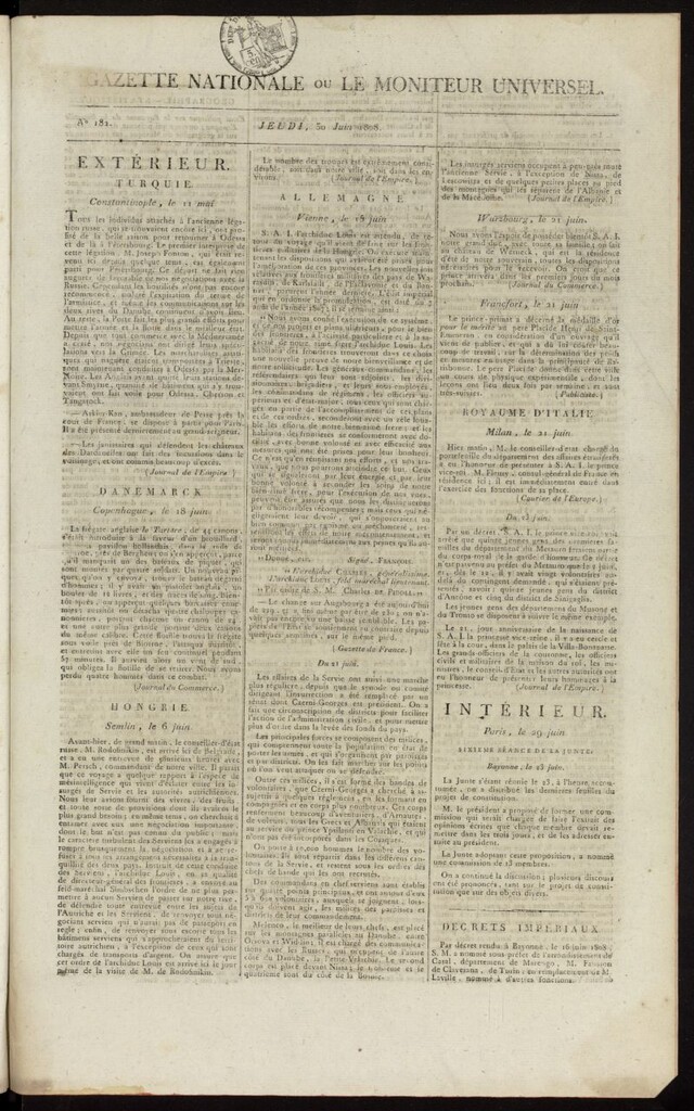 Miniatura de Gazette Nationale ou le Moniteur Universel del 30 de junio de 1808, nº 182