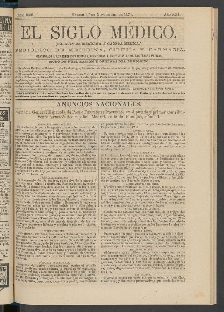 Miniatura de El Siglo Médico: boletín de medicina y gaceta médica del 1 de noviembre de 1874