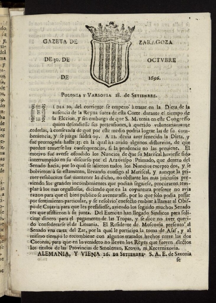 Miniatura de Gazeta de Zaragoza del 30 de octubre de 1696