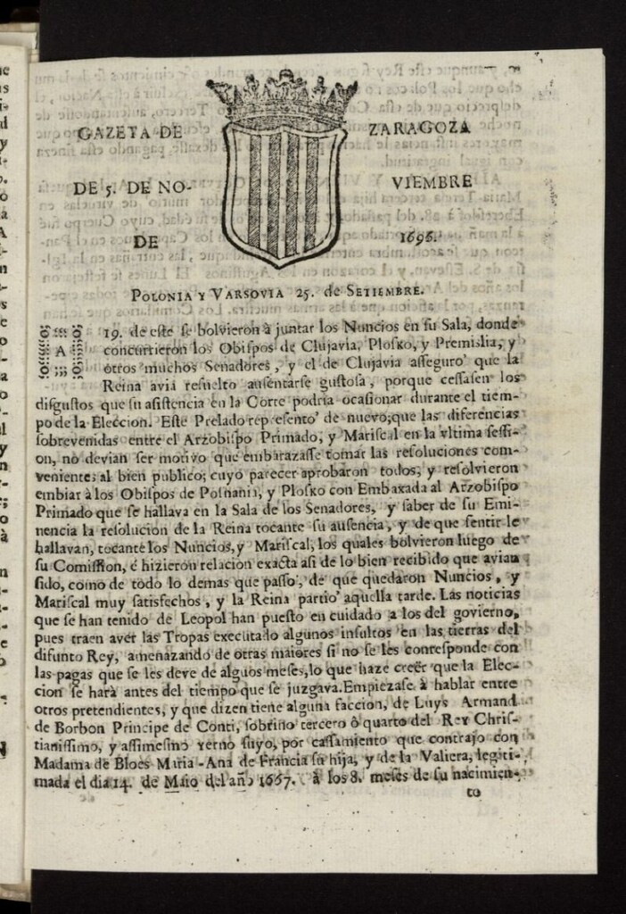 Miniatura de Gazeta de Zaragoza del 5 de noviembre de 1696