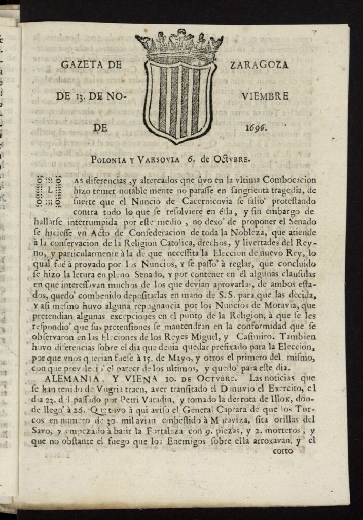 Miniatura de Gazeta de Zaragoza del 13 de noviembre de 1696