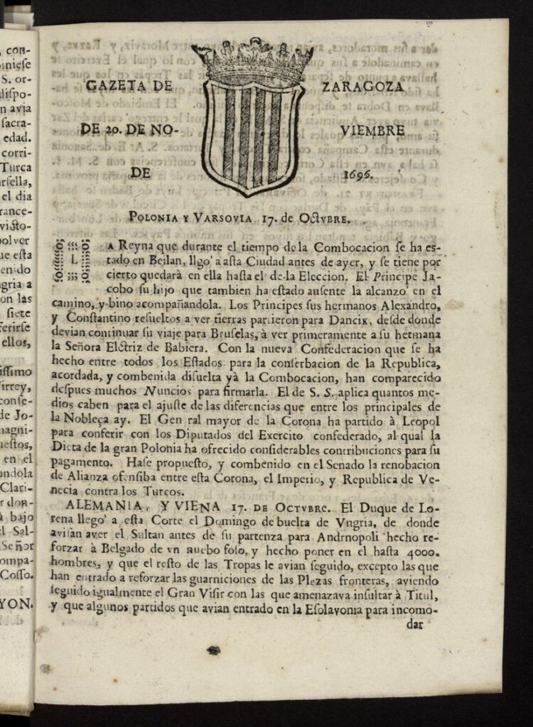 Miniatura de Gazeta de Zaragoza del 20 de noviembre de 1696