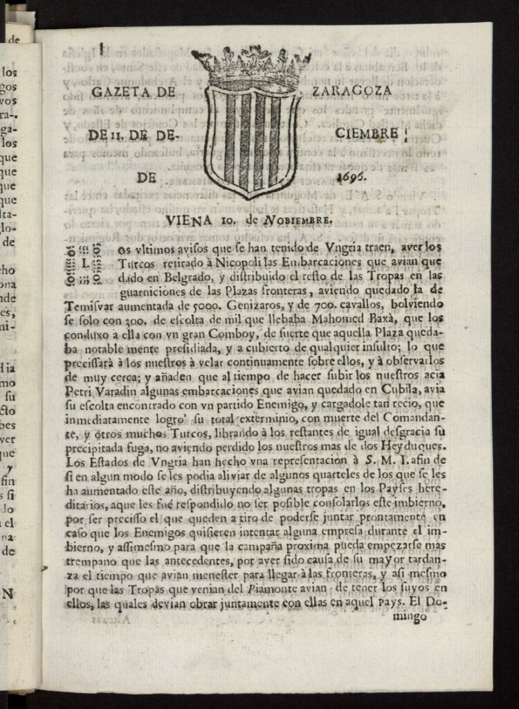 Miniatura de Gazeta de Zaragoza del 11 de diciembre de 1696