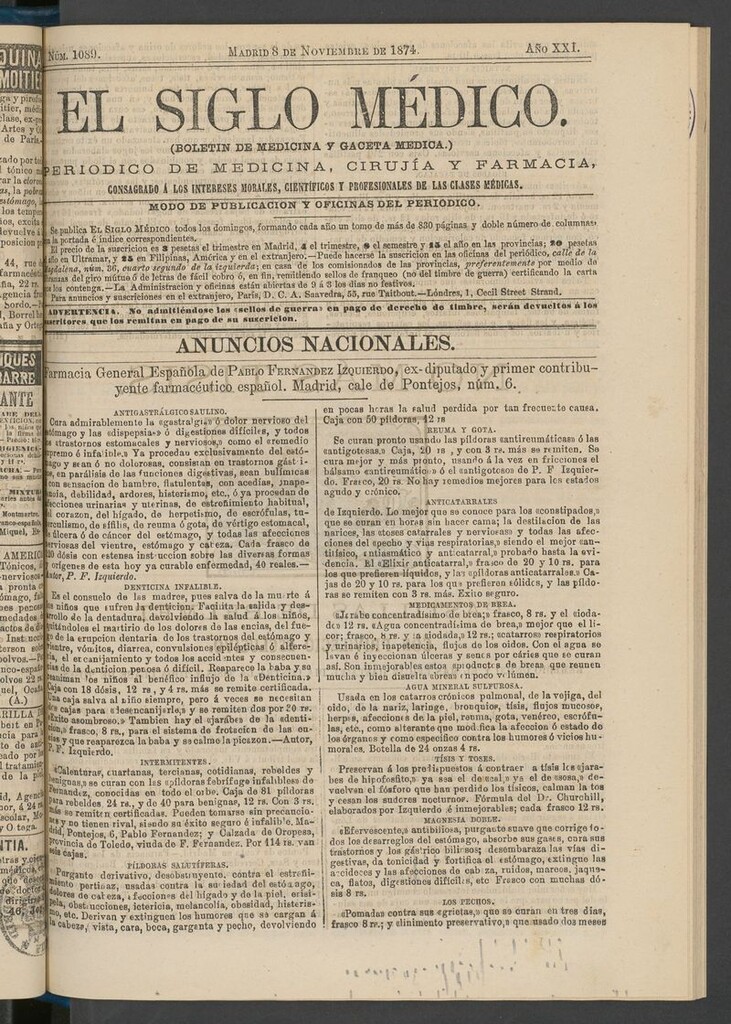 Miniatura de El Siglo Médico: boletín de medicina y gaceta médica del 8 de noviembre de 1874
