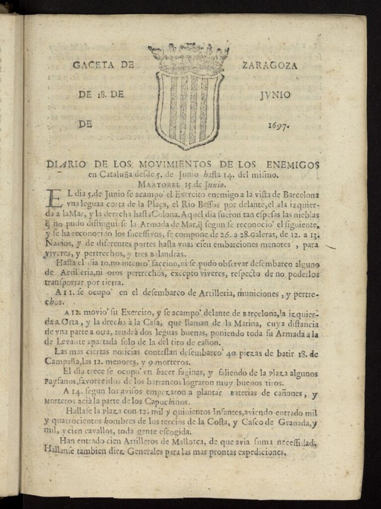 Miniatura de Gazeta de Zaragoza del 18 de junio de 1697