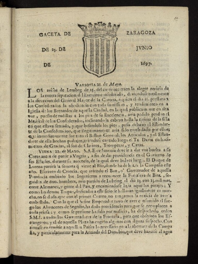 Miniatura de Gazeta de Zaragoza del 25 de junio de 1697