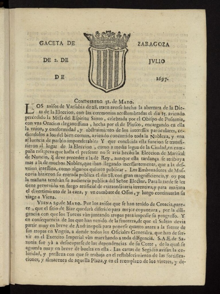 Miniatura de Gazeta de Zaragoza del 2 de julio de 1697