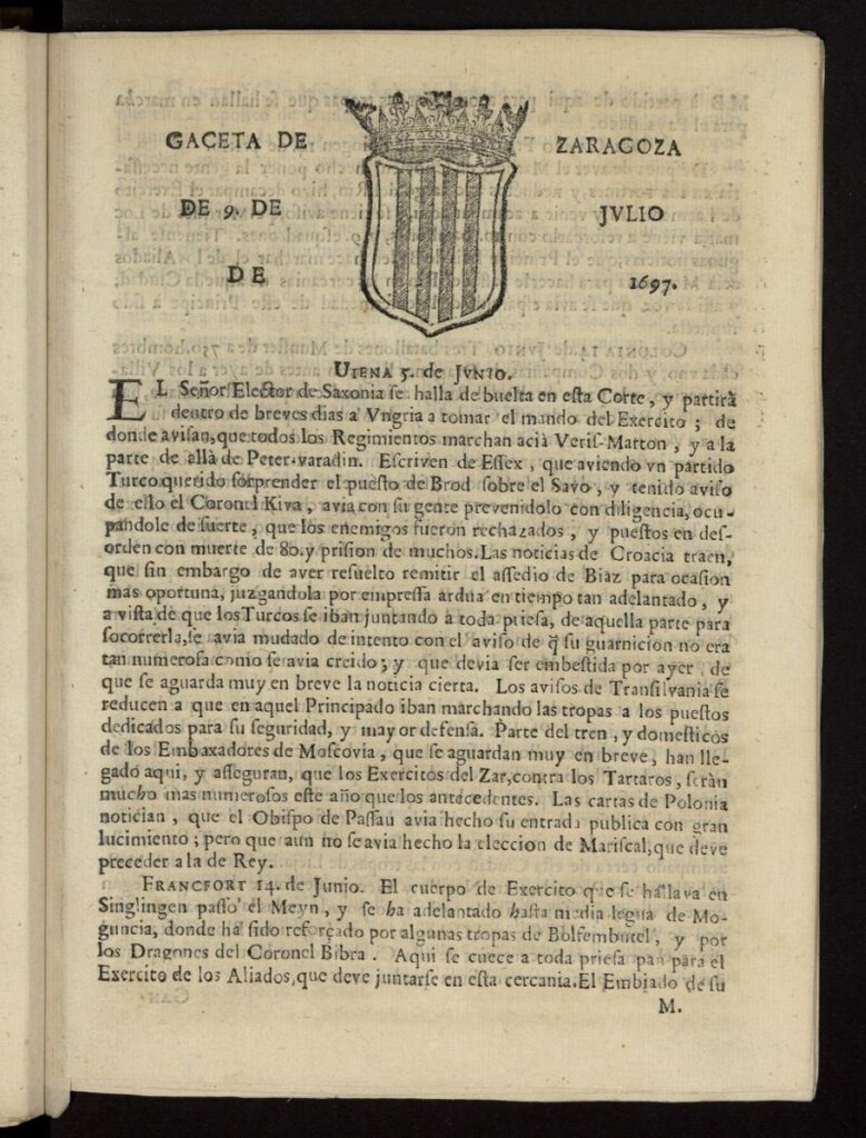 Miniatura de Gazeta de Zaragoza del 9 de julio de 1697