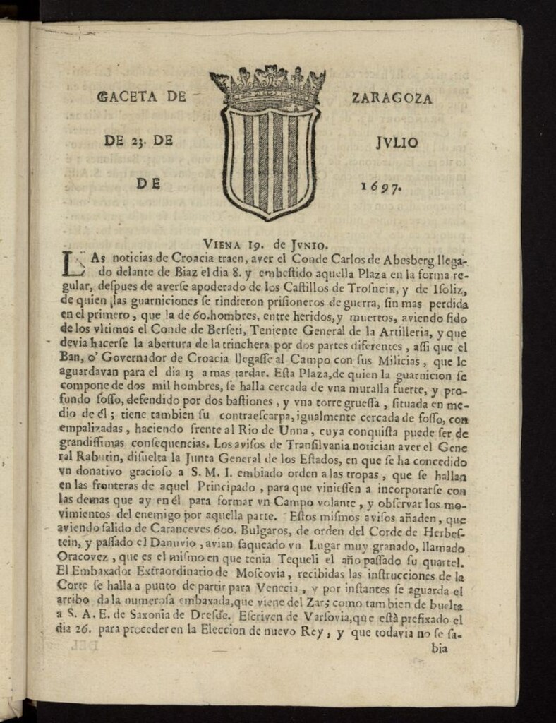 Miniatura de Gazeta de Zaragoza del 23 de julio de 1697