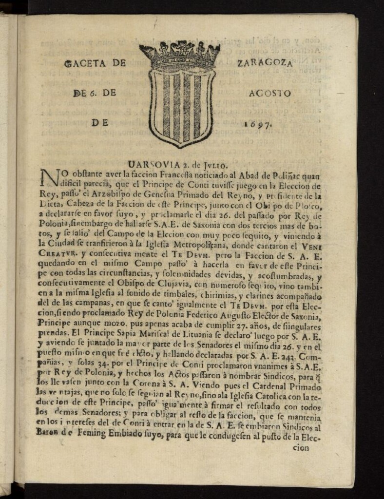 Miniatura de Gazeta de Zaragoza del 6 de agosto de 1697
