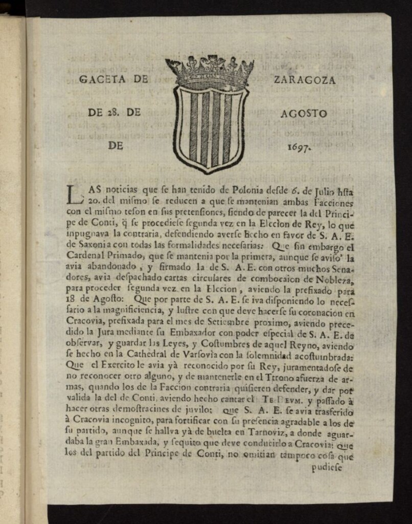 Miniatura de Gazeta de Zaragoza del 28 de agosto de 1697