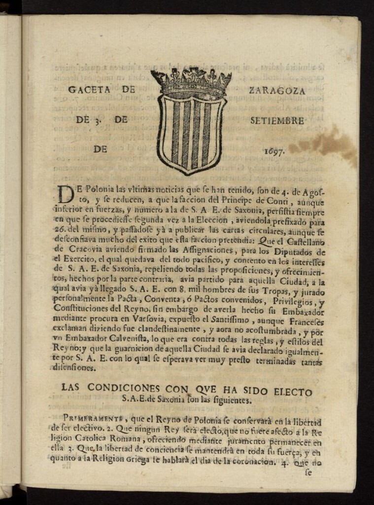 Miniatura de Gazeta de Zaragoza del 3 de septiembre de 1697