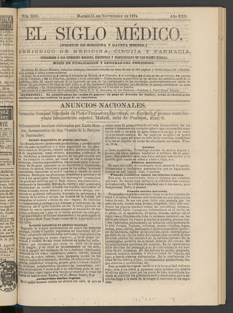 Miniatura de El Siglo Médico: boletín de medicina y gaceta médica del 15 de noviembre de 1874