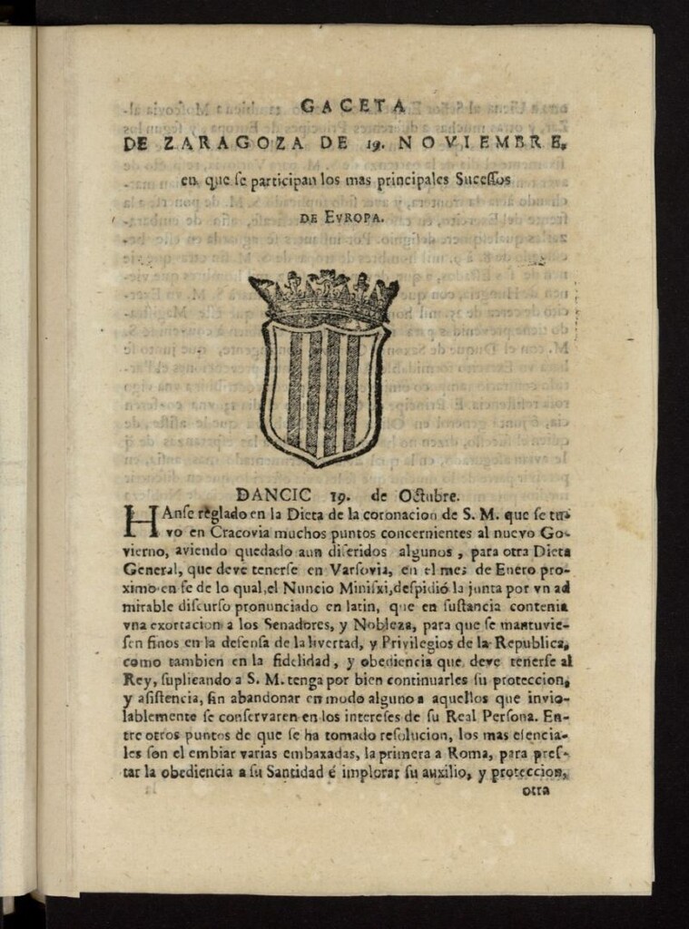 Miniatura de Gazeta de Zaragoza del 19 de noviembre de 1697