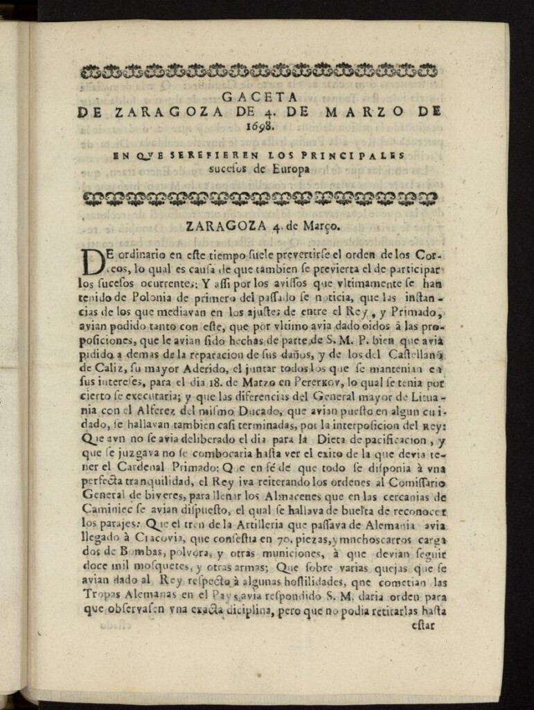 Miniatura de Gazeta de Zaragoza del 4 de marzo de 1698