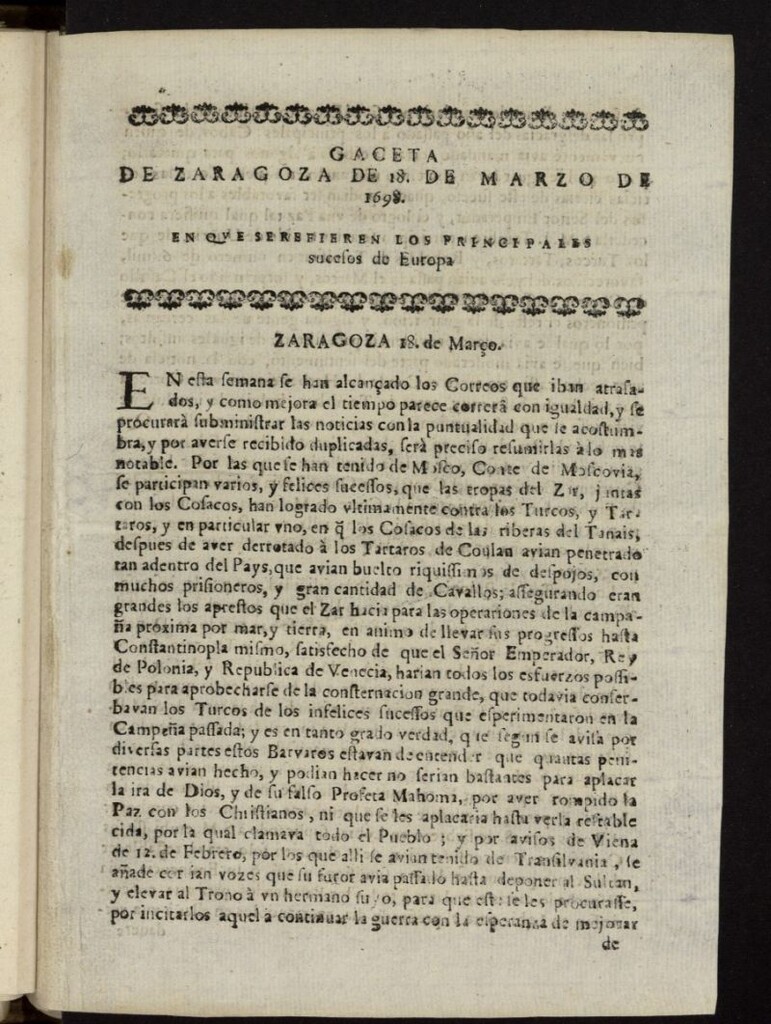 Miniatura de Gazeta de Zaragoza del 18 de marzo de 1698
