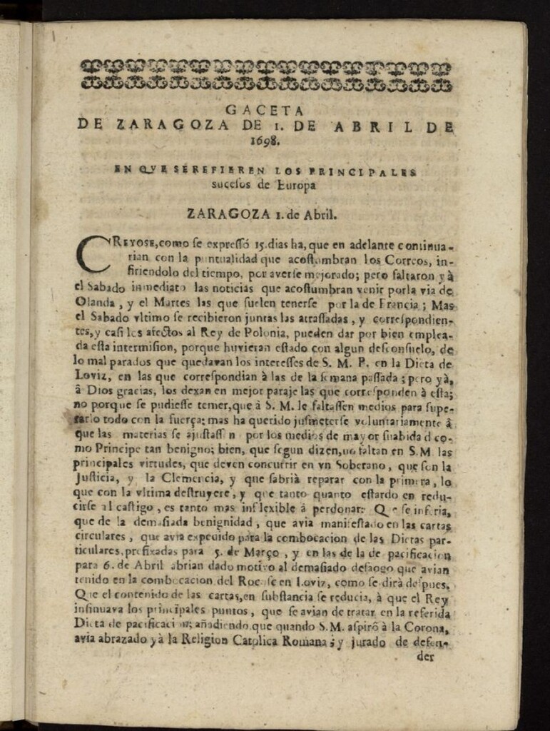 Miniatura de Gazeta de Zaragoza del 1 de abril de 1698