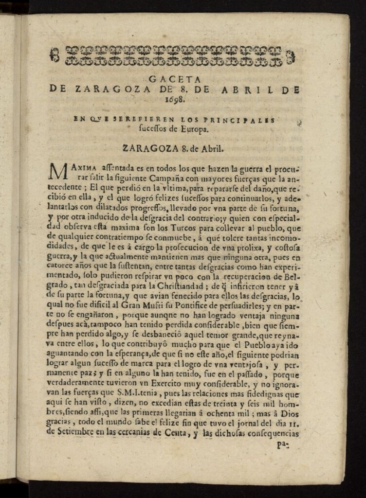 Miniatura de Gazeta de Zaragoza del 8 de abril de 1698