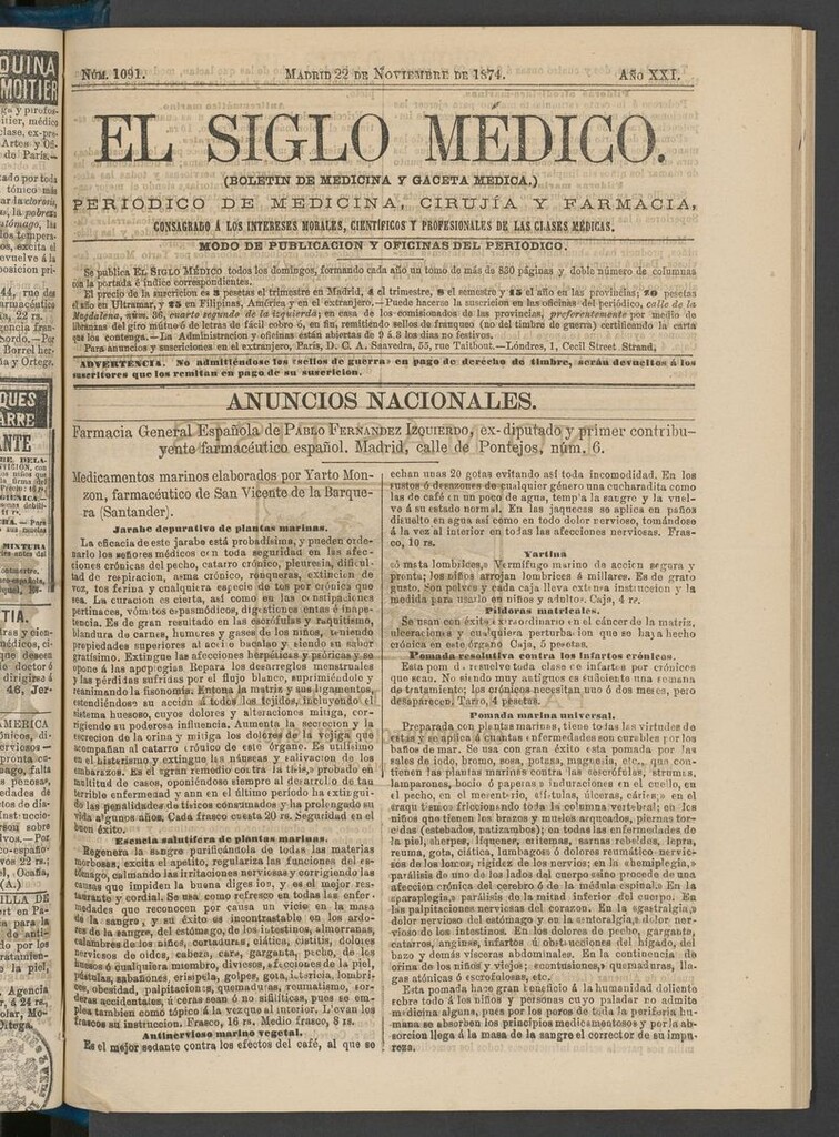 Miniatura de El Siglo Médico: boletín de medicina y gaceta médica del 22 de noviembre de 1874