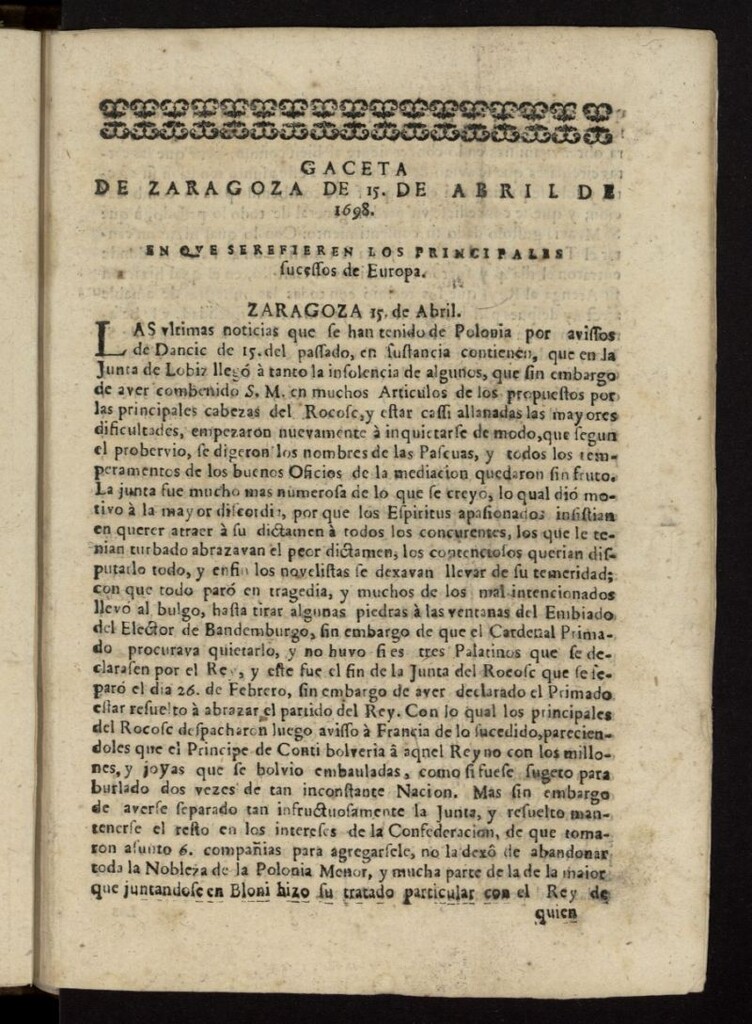 Miniatura de Gazeta de Zaragoza del 15 de abril de 1698