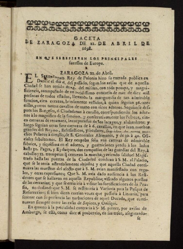 Miniatura de Gazeta de Zaragoza del 22 de abril de 1698