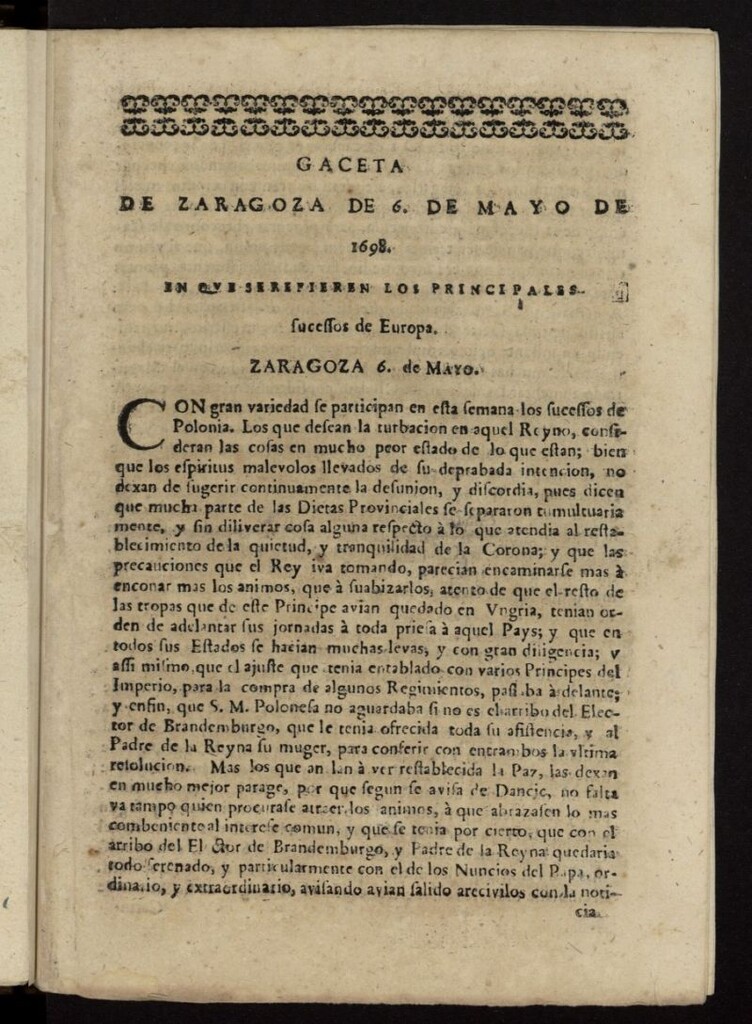 Miniatura de Gazeta de Zaragoza del 6 de mayo de 1698