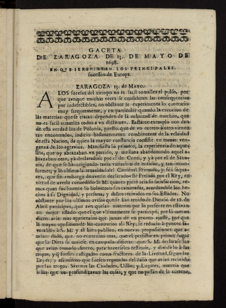 Miniatura de Gazeta de Zaragoza del 13 de mayo de 1698