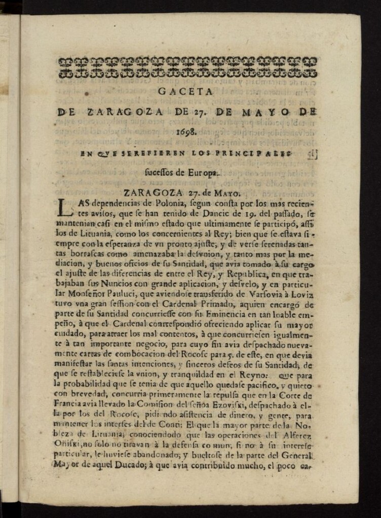 Miniatura de Gazeta de Zaragoza del 27 de mayo de 1698