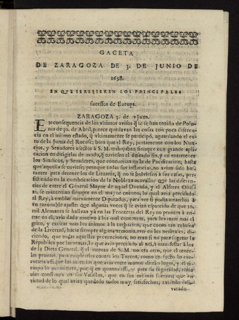 Miniatura de Gazeta de Zaragoza del 3 de junio de 1698